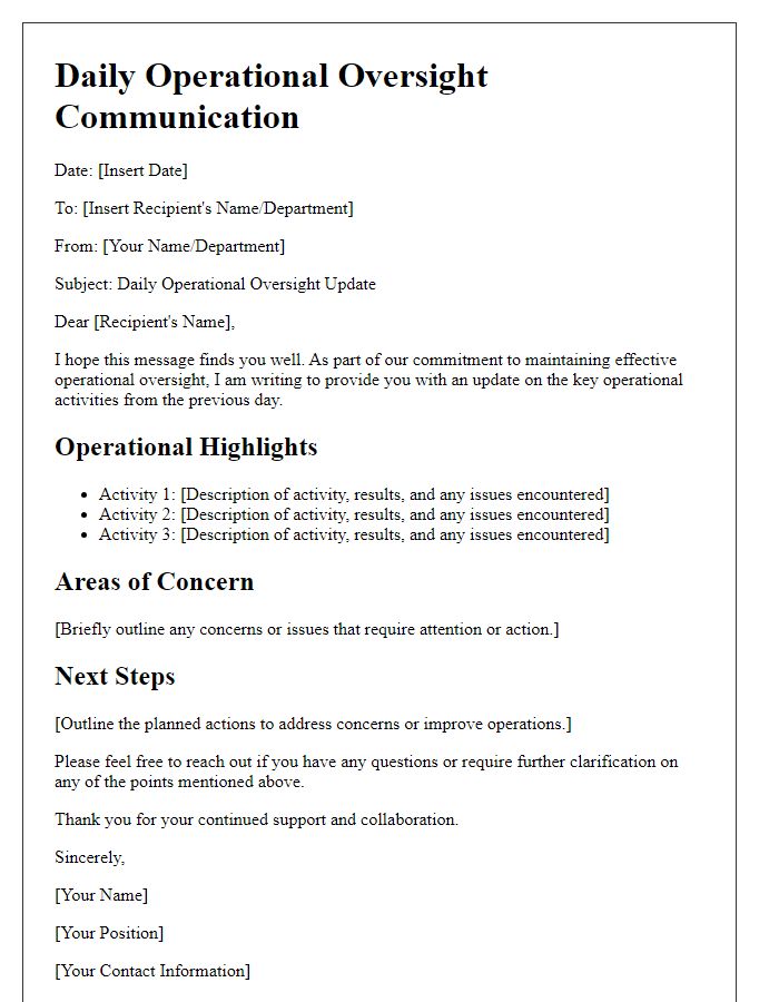 Letter template of daily operational oversight communication.