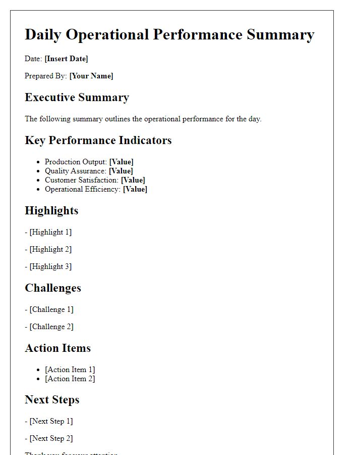 Letter template of daily operational performance summary.