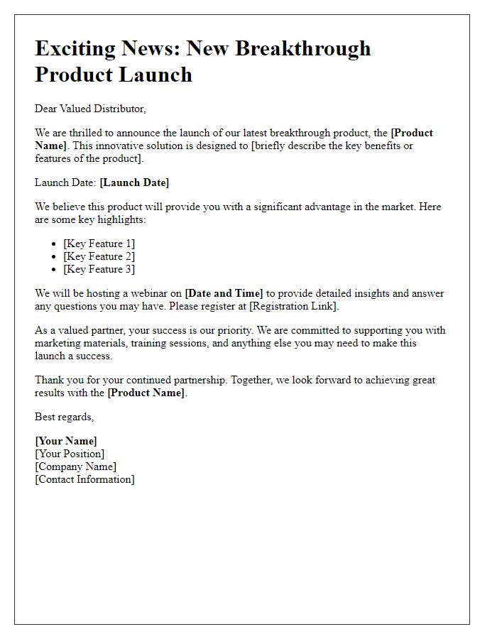 Letter template of breakthrough product announcement to distributors