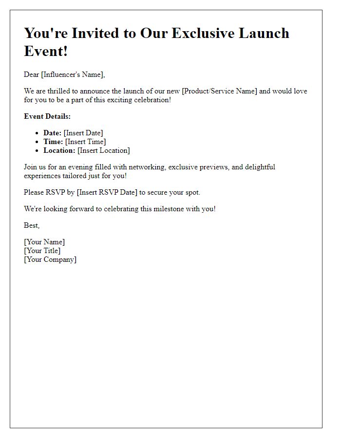 Letter template of launch event invitation for influencers