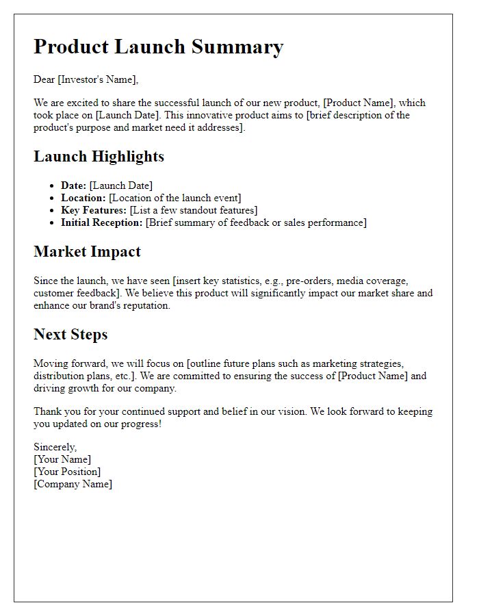 Letter template of product launch summary for investors