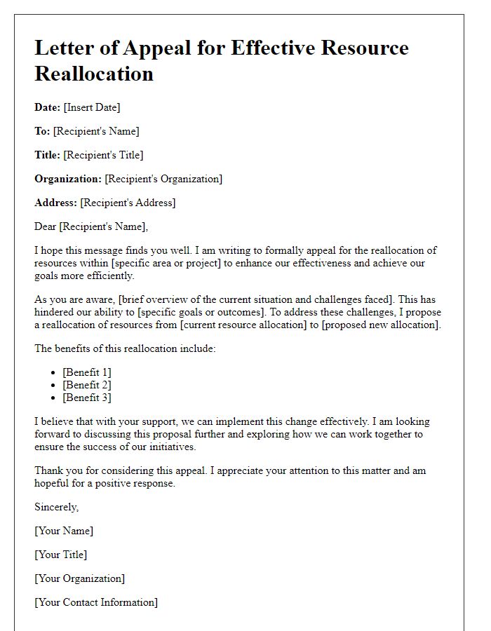 Letter template of appeal for effective resource reallocation