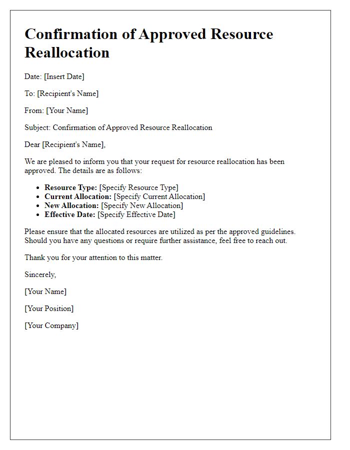 Letter template of confirmation for approved resource reallocation