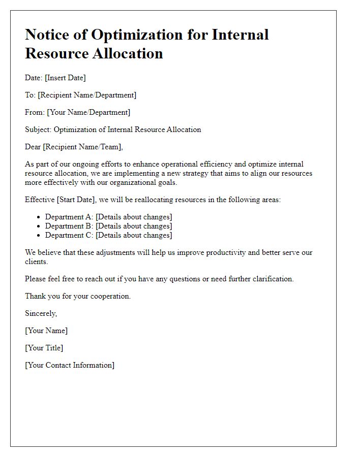 Letter template of notice for optimizing internal resource allocation