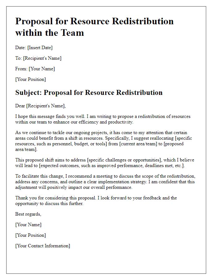 Letter template of proposal for resource redistribution within the team