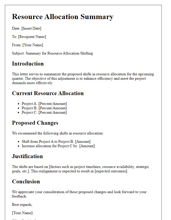 Letter template of summary for resource allocation shifting