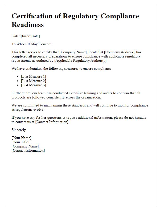 Letter template of certification for regulatory compliance readiness