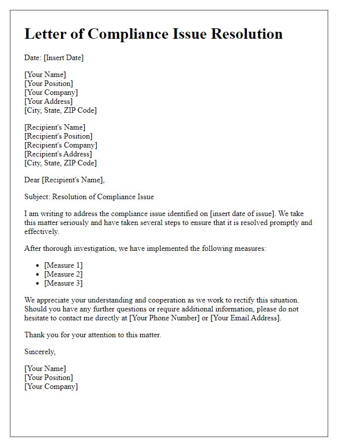 Letter template of compliance issue resolution