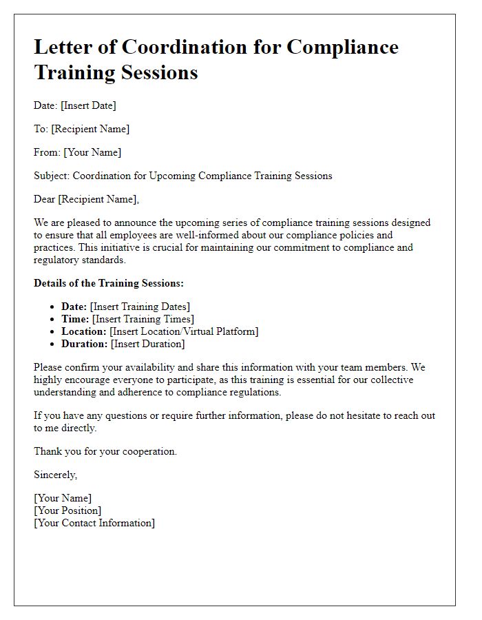 Letter template of coordination for compliance training sessions