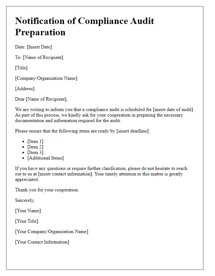 Letter template of notification for compliance audit preparation