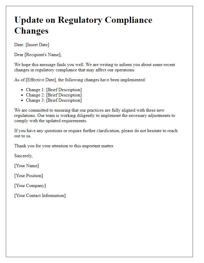 Letter template of update on regulatory compliance changes