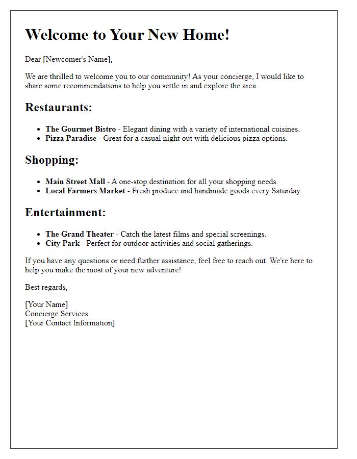 Letter template of concierge recommendations for newcomers