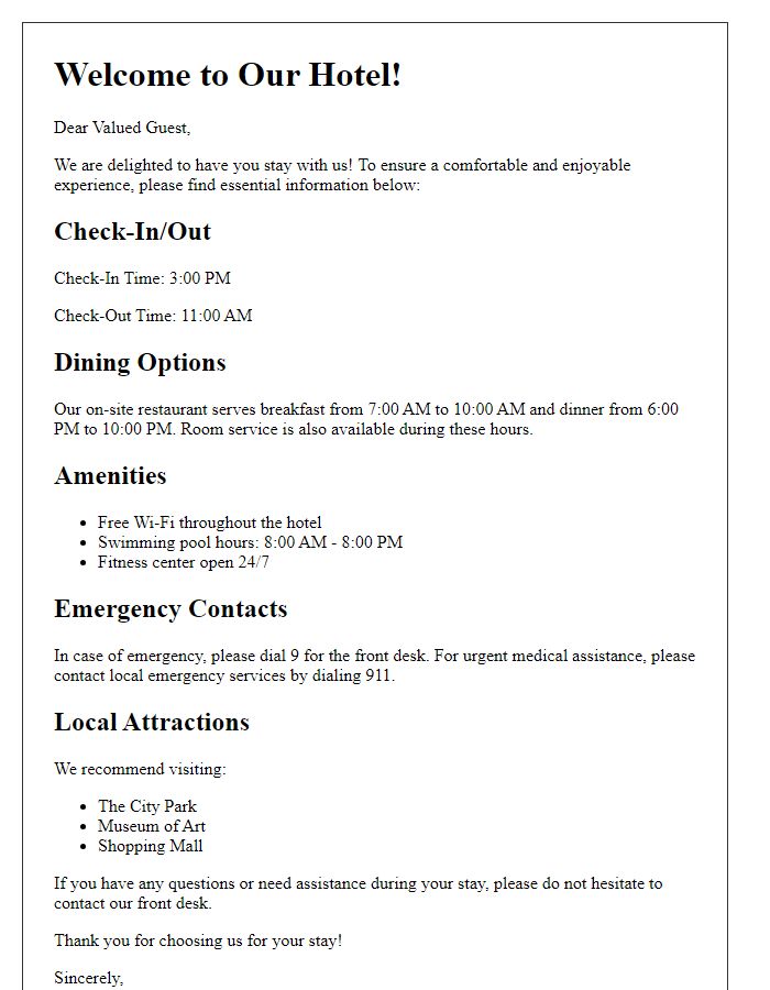 Letter template of essential information for guest convenience