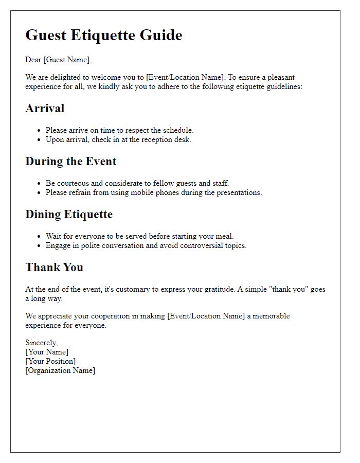 Letter template of etiquette guide for guest experience