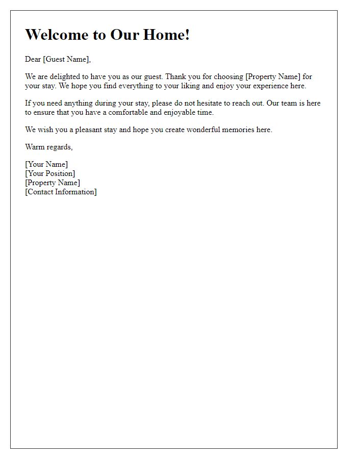 Letter template of hospitality message in guest package