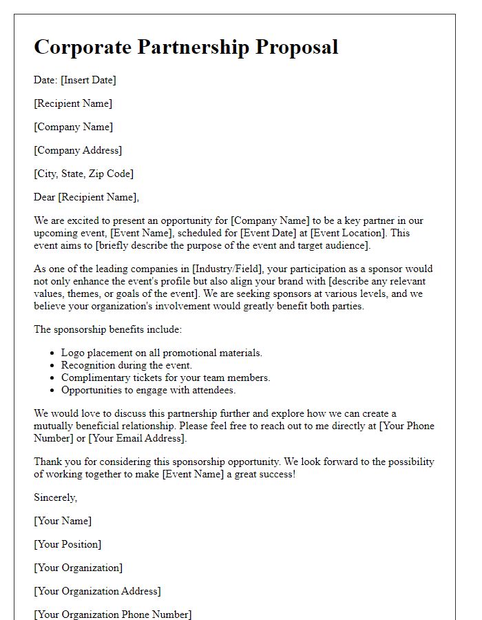 Letter template of corporate partnership proposal for event sponsorships