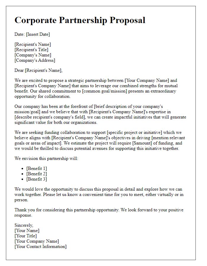 Letter template of corporate partnership proposal for funding collaboration