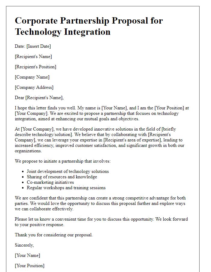 Letter template of corporate partnership proposal for technology integration