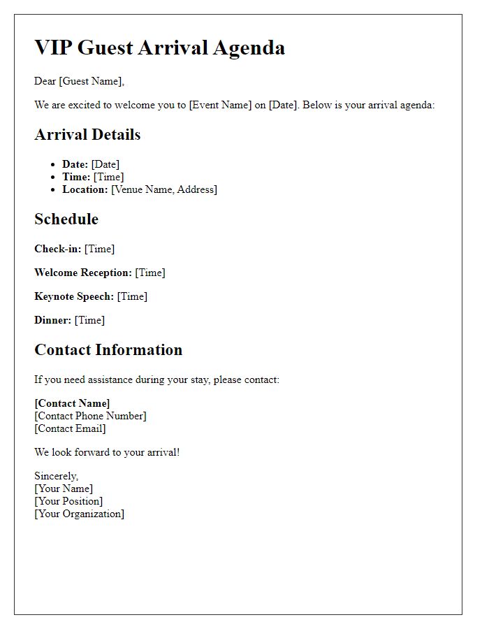 Letter template of VIP guest arrival agenda