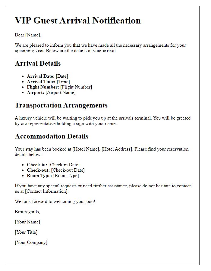 Letter template of VIP guest arrival details