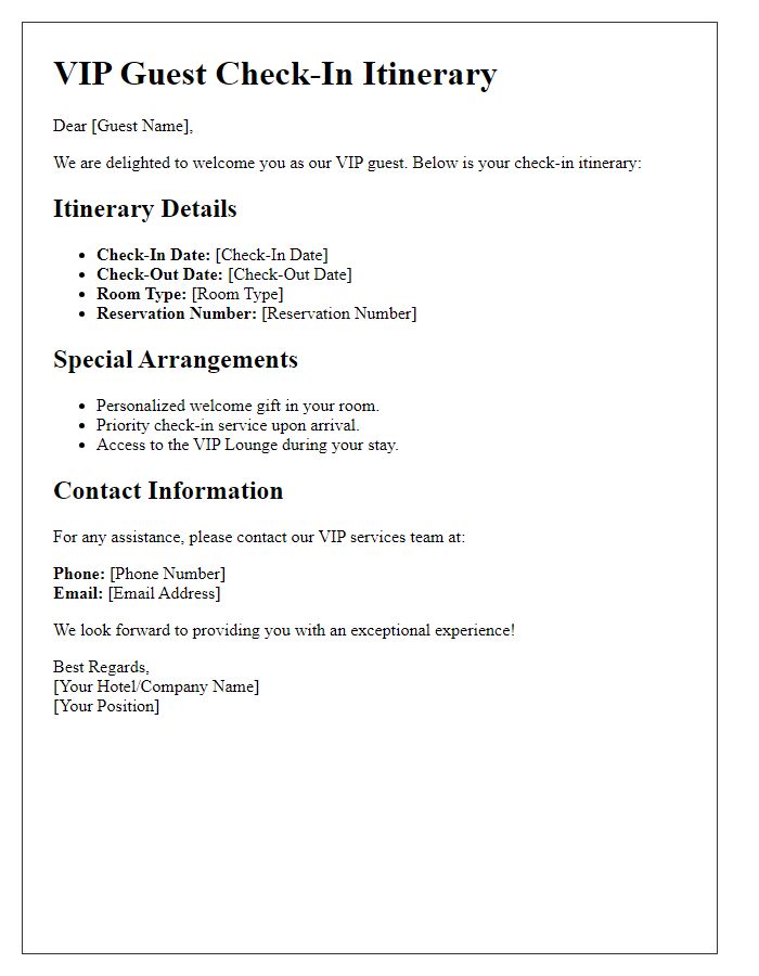 Letter template of VIP guest check-in itinerary