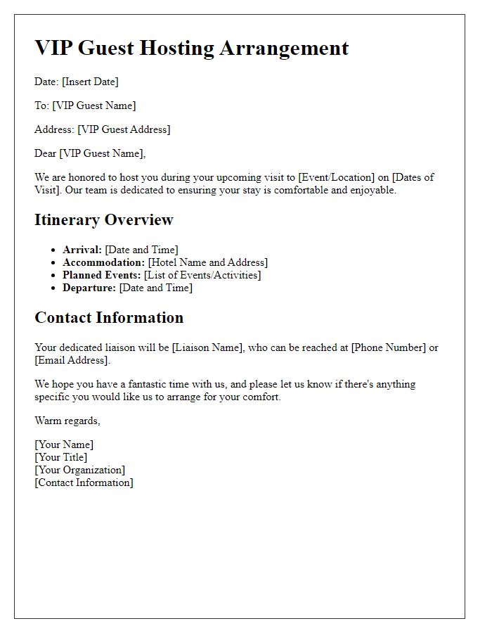 Letter template of VIP guest hosting arrangements