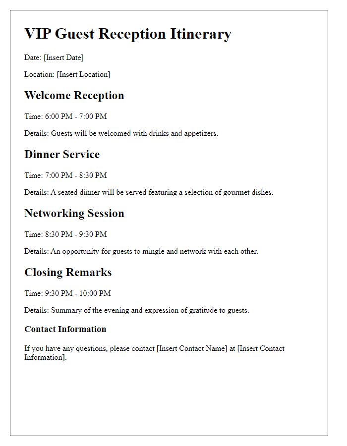 Letter template of VIP guest reception itinerary