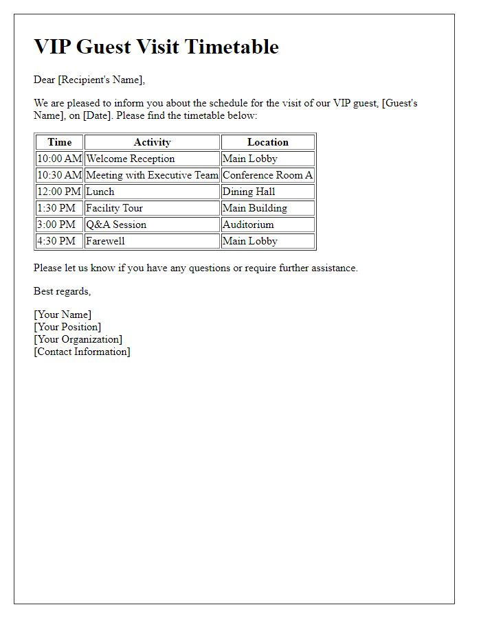 Letter template of VIP guest visit timetable