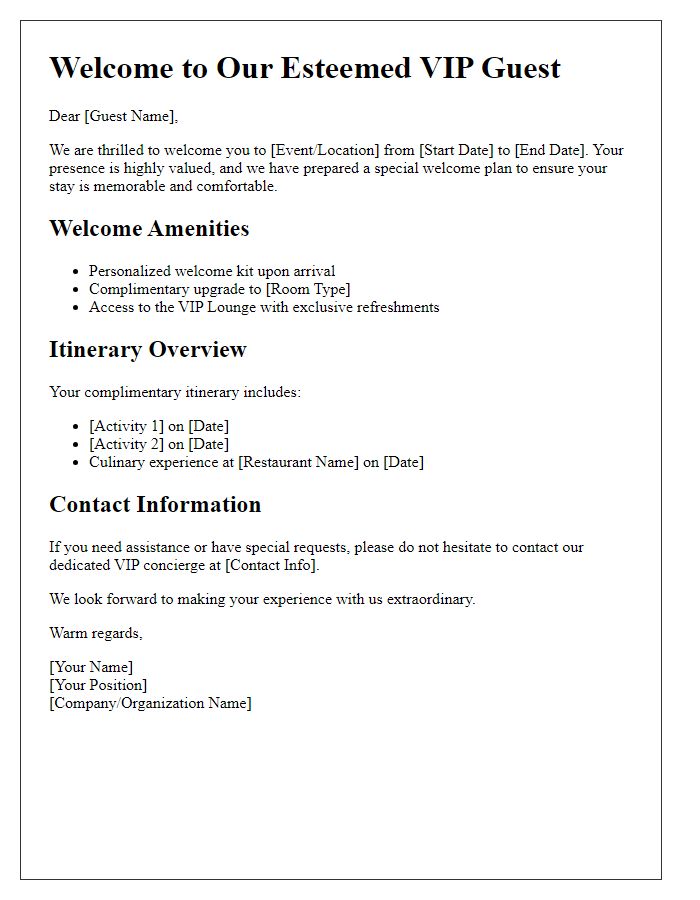 Letter template of VIP guest welcome plan