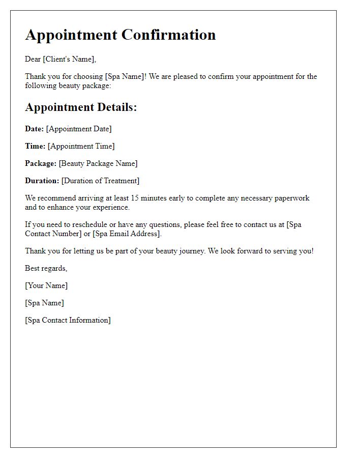 Letter template of spa appointment confirmation for beauty packages