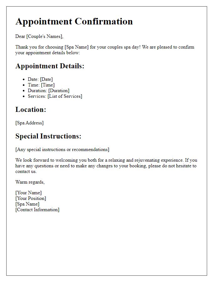 Letter template of spa appointment confirmation for couples spa day