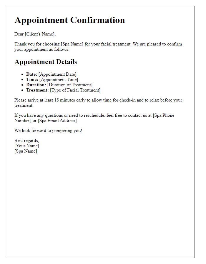 Letter template of spa appointment confirmation for facial treatments