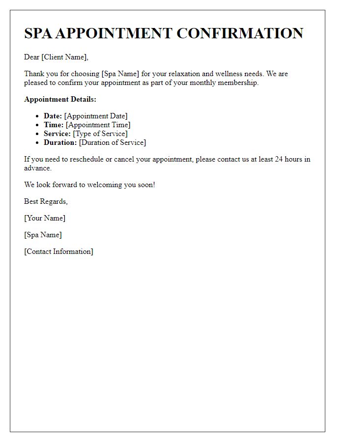 Letter template of spa appointment confirmation for monthly membership