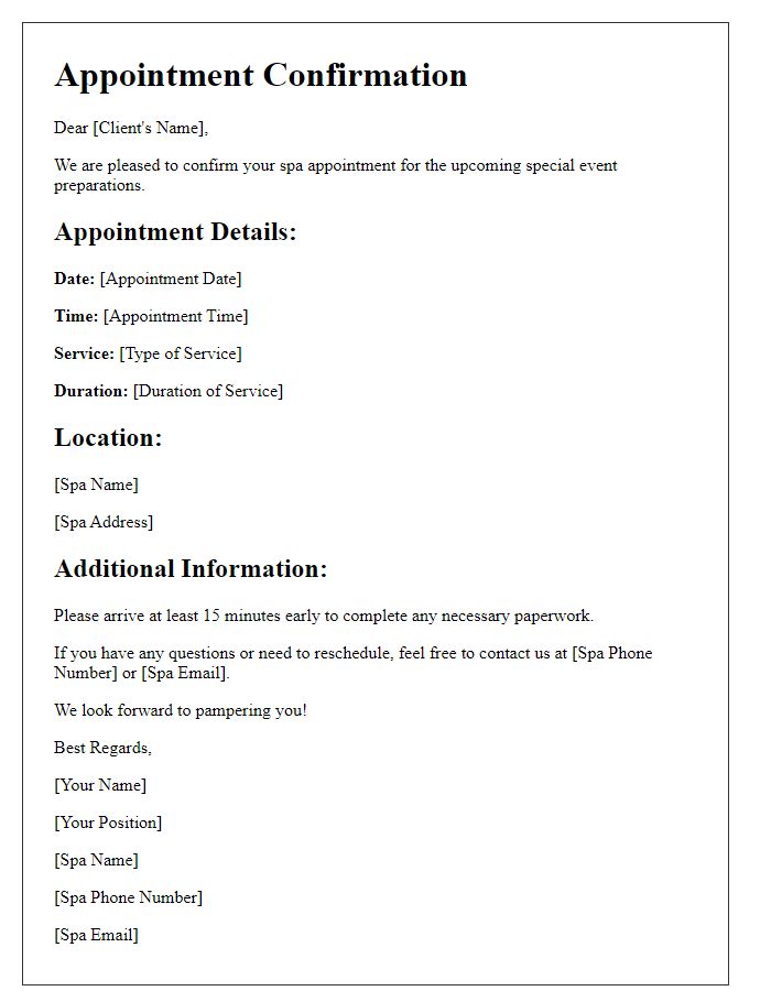 Letter template of spa appointment confirmation for special event preparations