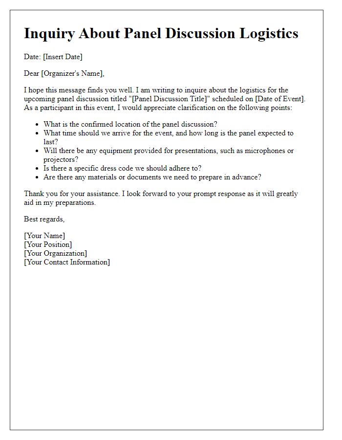 Letter template of inquiry regarding panel discussion logistics