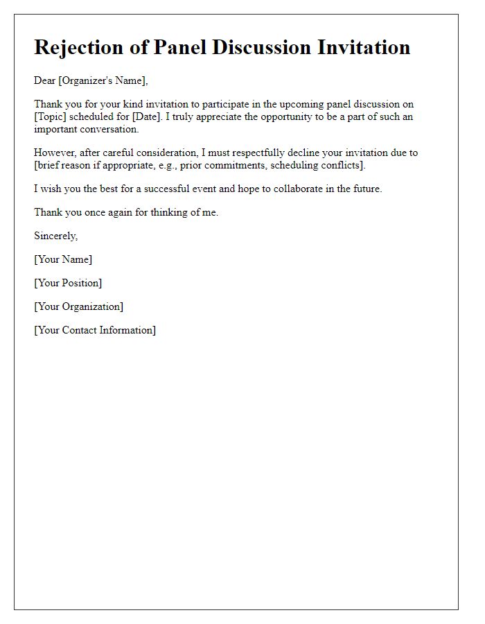 Letter template of rejection for panel discussion invitation