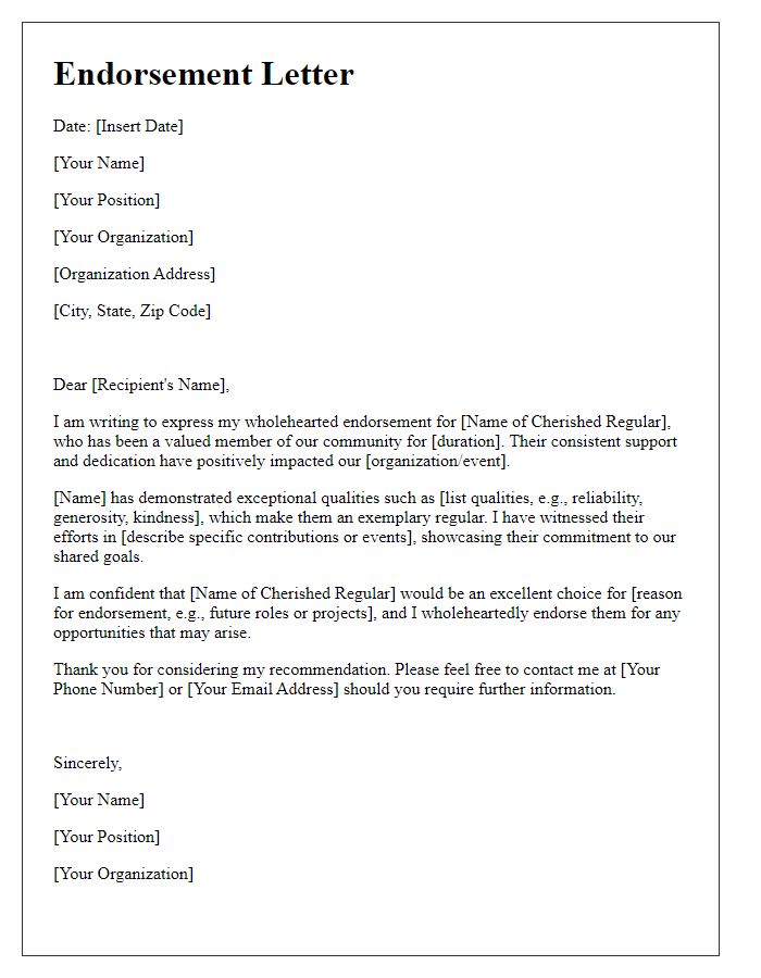 Letter template of endorsement for cherished regulars