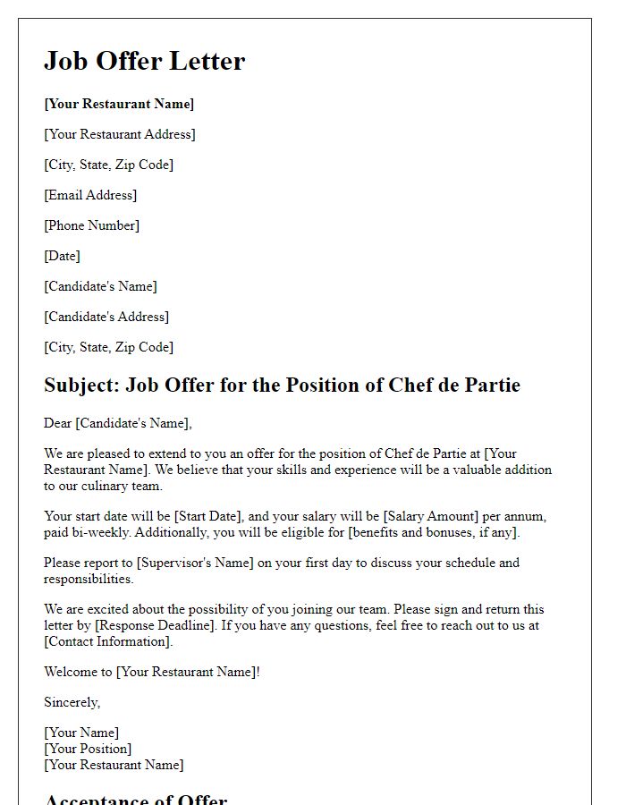 Letter template of hospitality job offer - Chef de Partie