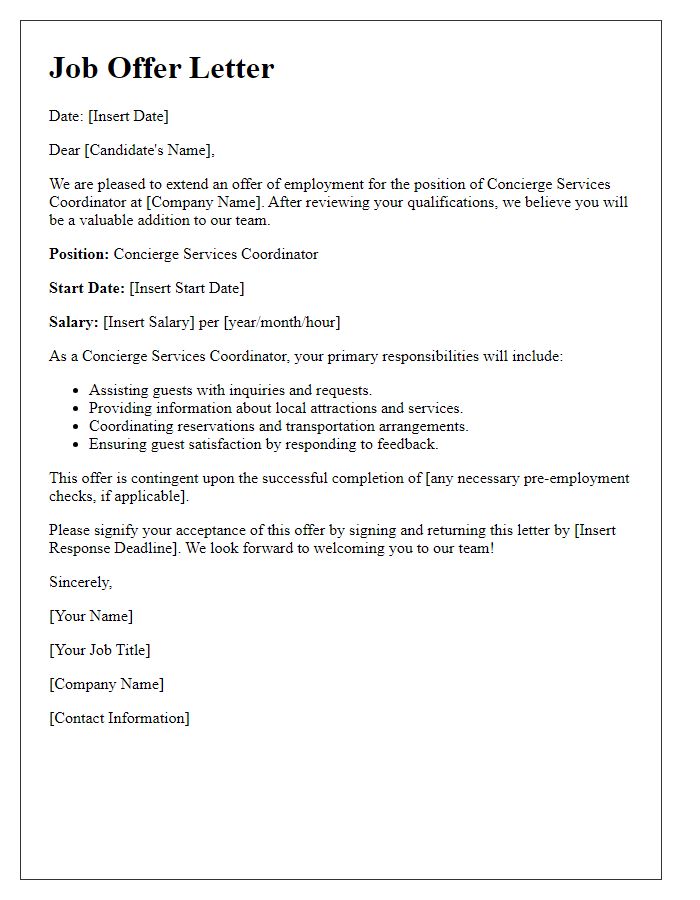 Letter template of hospitality job offer - Concierge Services Coordinator