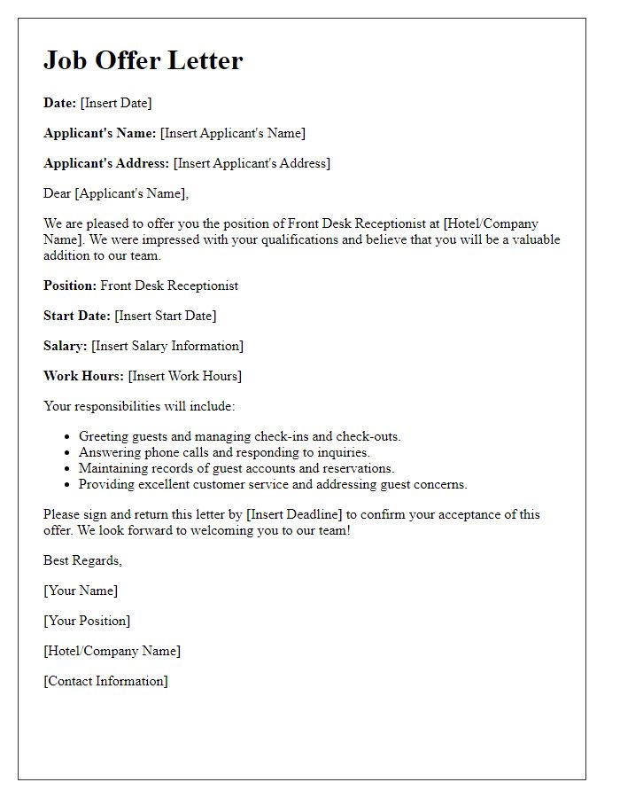 Letter template of hospitality job offer - Front Desk Receptionist