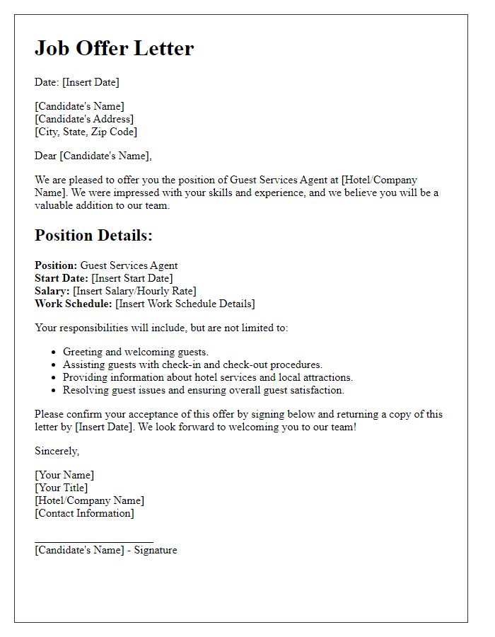 Letter template of hospitality job offer - Guest Services Agent