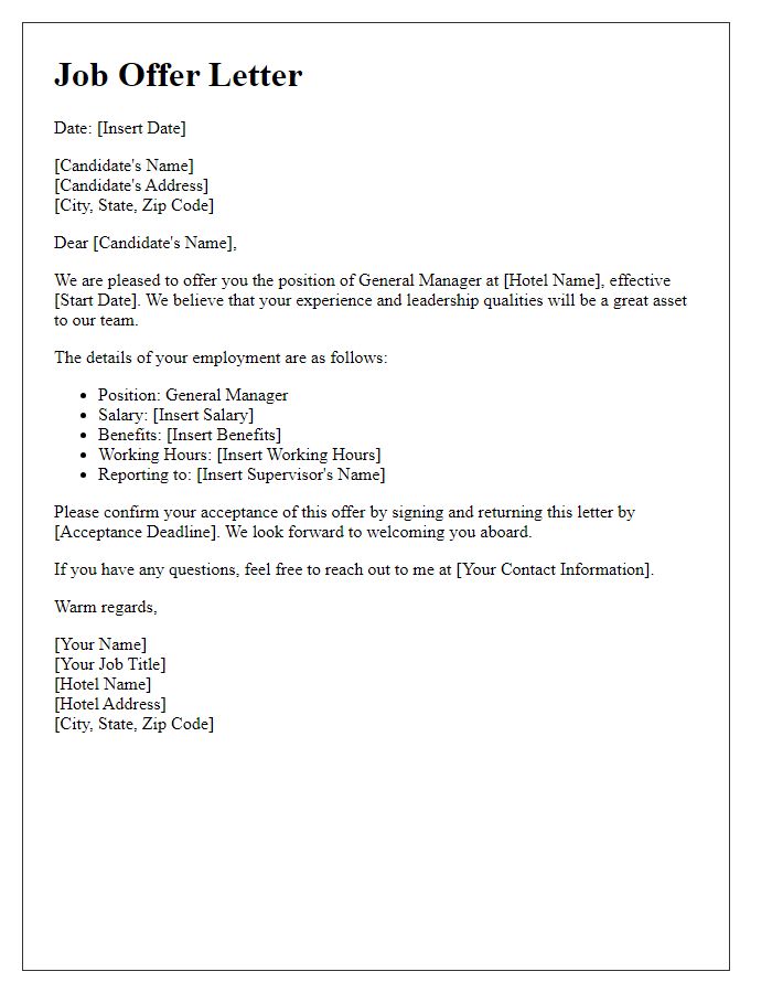 Letter template of hospitality job offer - Hotel General Manager