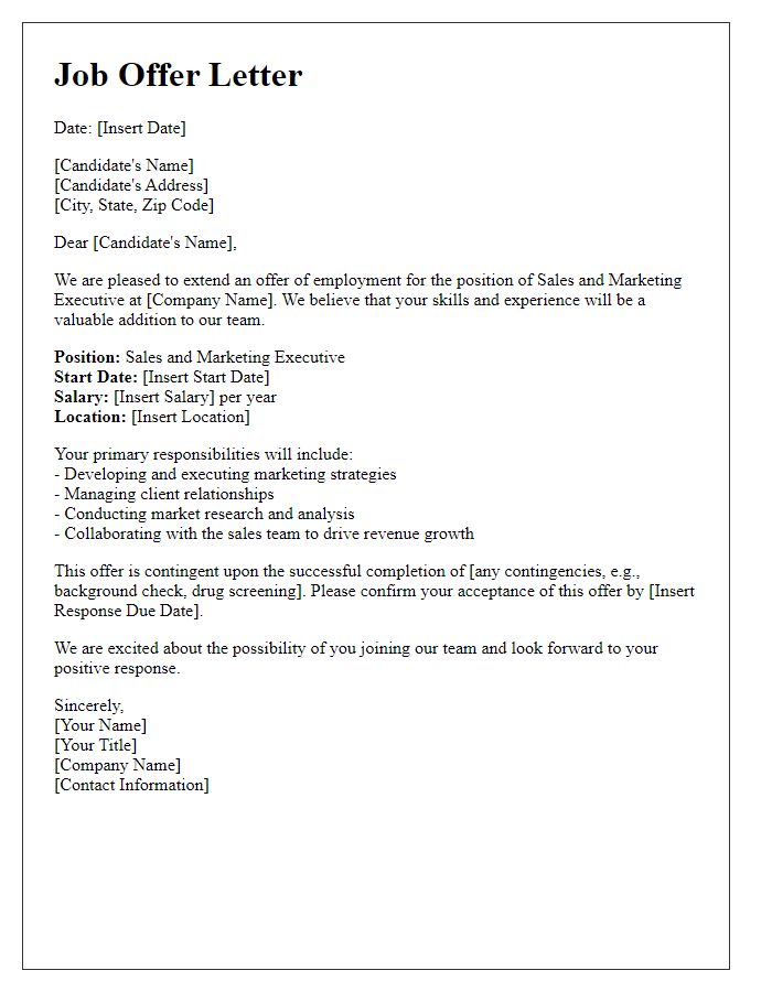 Letter template of hospitality job offer - Sales and Marketing Executive