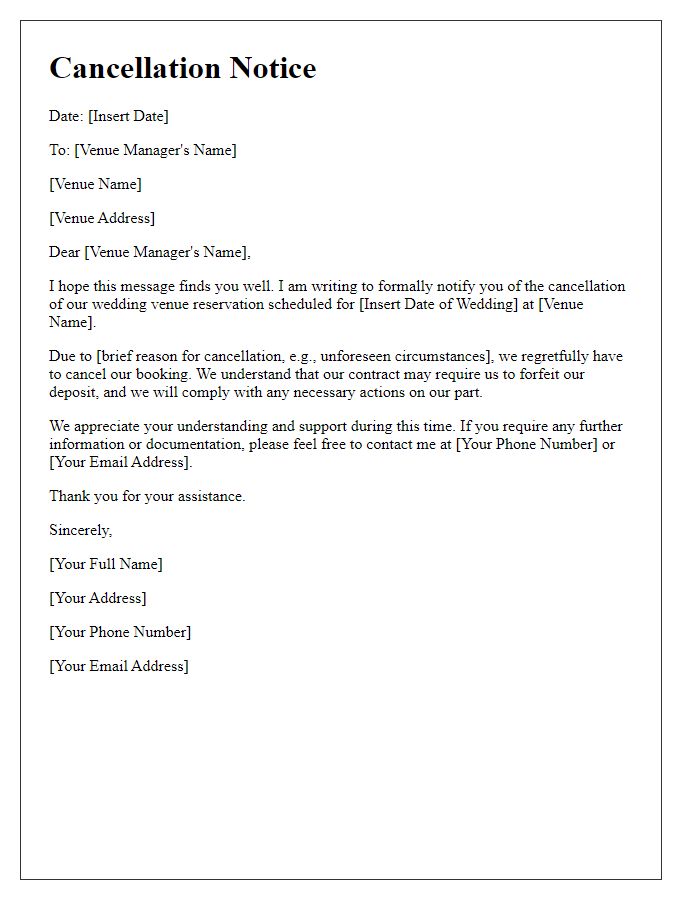 Letter template of wedding venue cancellation notice