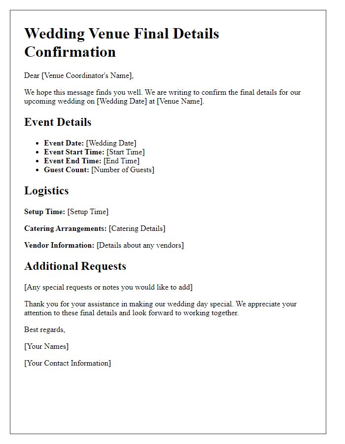 Letter template of wedding venue final details confirmation