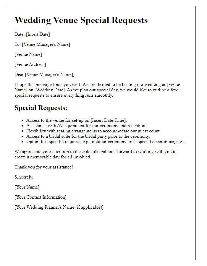 Letter template of wedding venue special requests