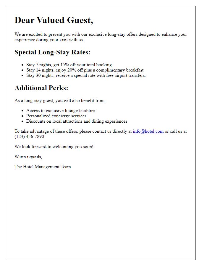 Letter template of exclusive long-stay guest offers