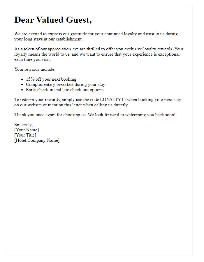 Letter template of loyalty rewards for long-stay guests