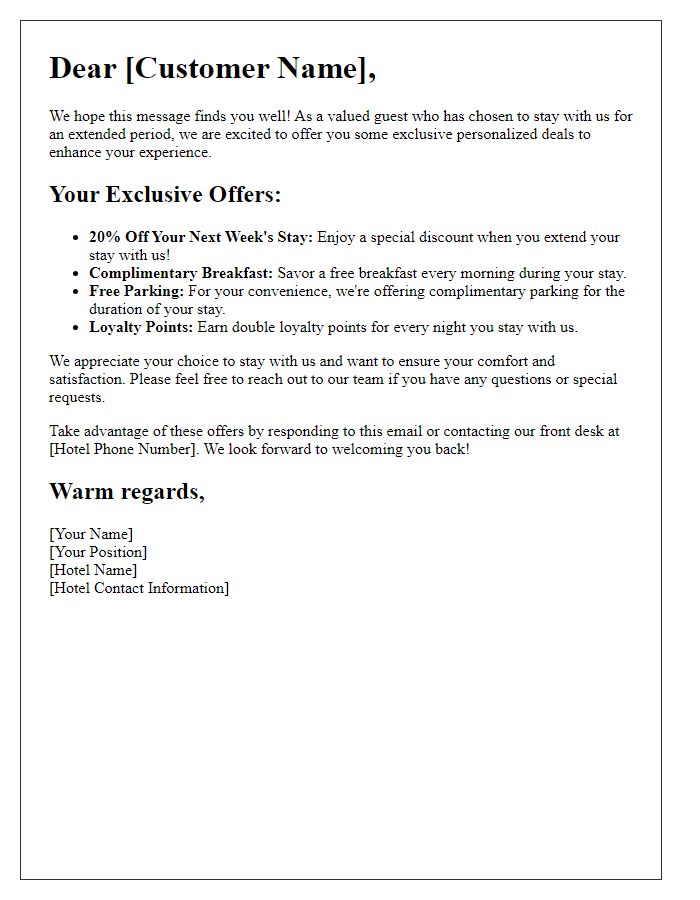 Letter template of personalized deals for extended stay customers