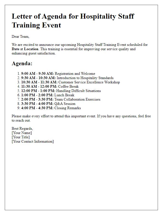 Letter template of agenda for hospitality staff training event